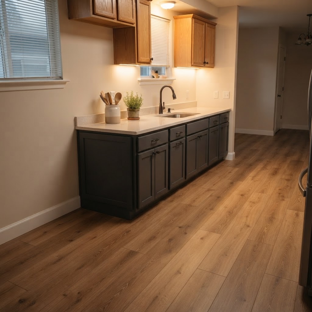 Beautifully rebuilt kitchen with charcoal cabinets and bronze hardware