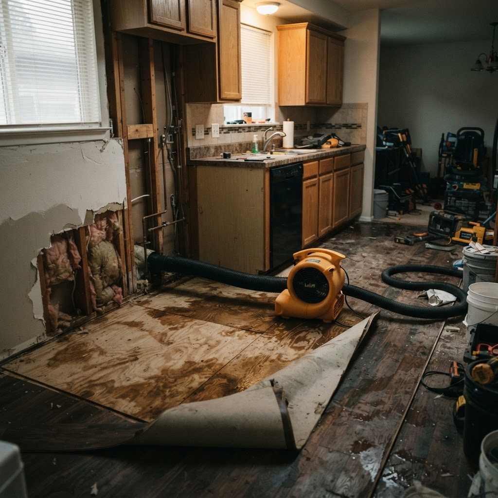 Kitchen mid-restoration with cabinets removed and wet subfloor exposed