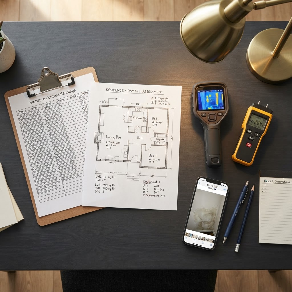 Restoration documentation with moisture readings, floor plan, and thermal camera