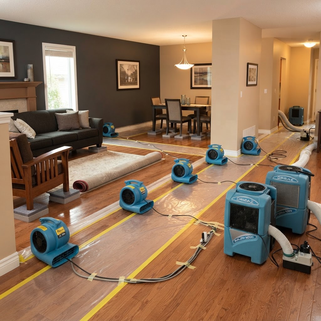 Professional air movers and dehumidifiers drying a furnished home