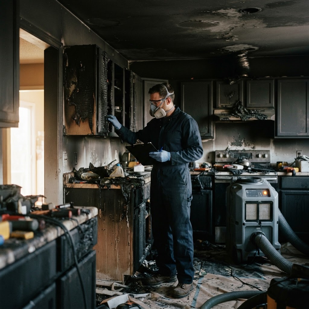 Technician assessing smoke and soot damage in a kitchen