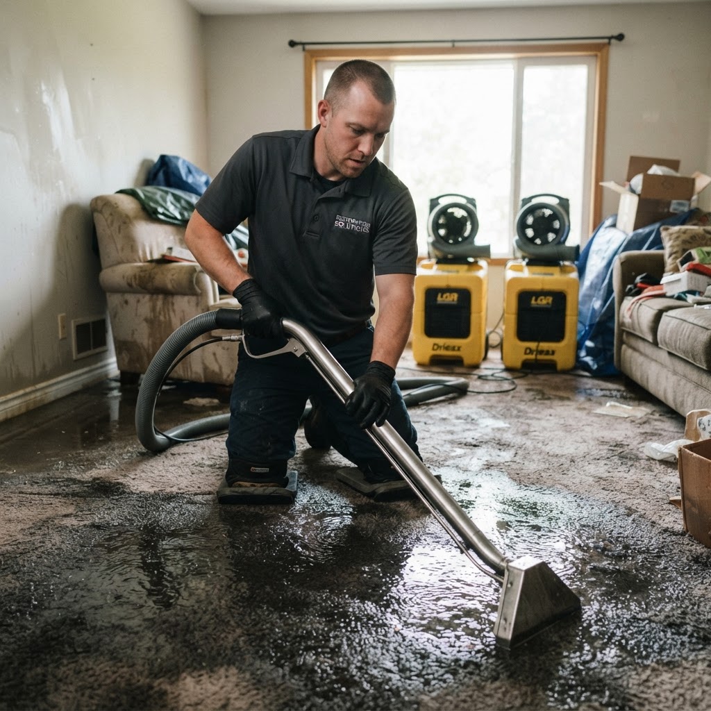 Technician extracting standing water from saturated carpet